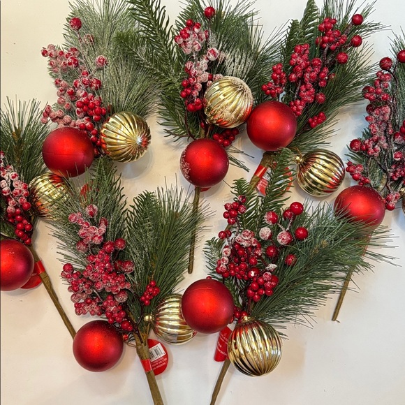 Festive Red & Gold Christmas Pick - Holiday Pine, Berries & Ornaments 7 - Picture 3 of 15